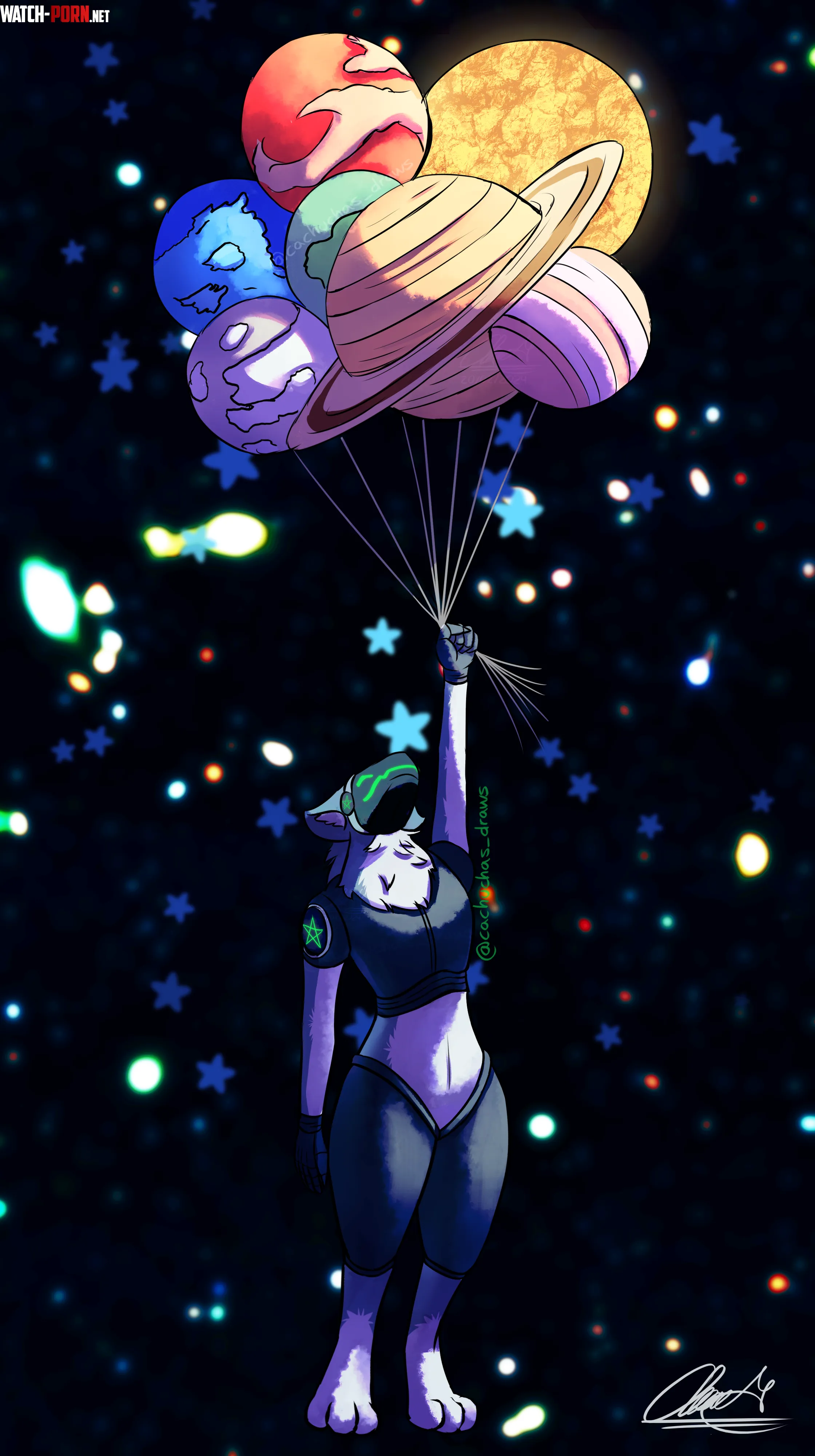 I drew a Protogen in space with lil planet balloons YES 3 by Cachuchotas