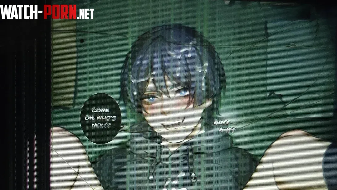 Color huff come on whos next 1girl short hair blue hair blush spread legs looking at viewer cum on hair blue eyes teeth hoodie close up text bubble socks by kei-kazuki