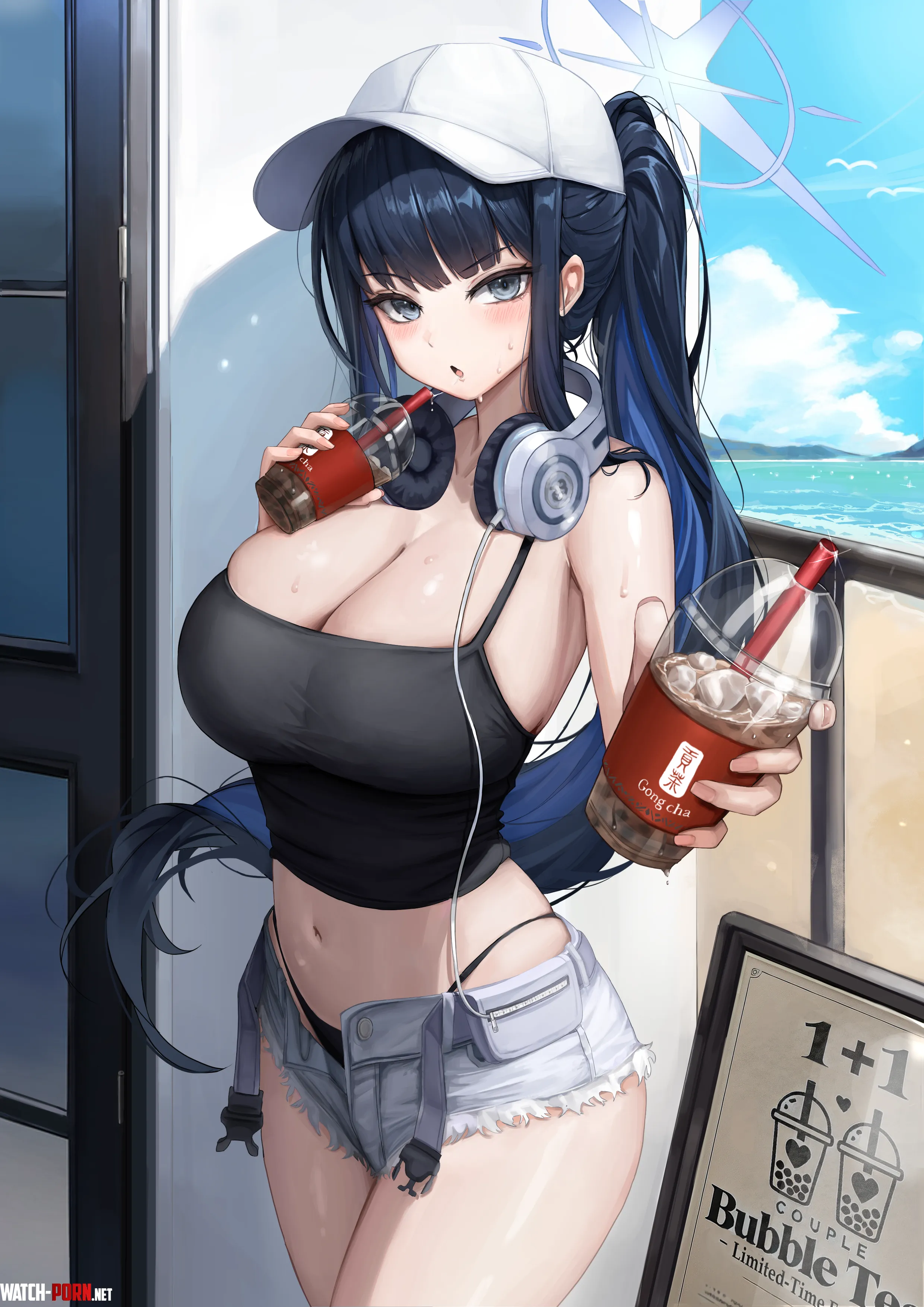 Saori offering us some bubble tea Drizz Blue Archive by llamanatee