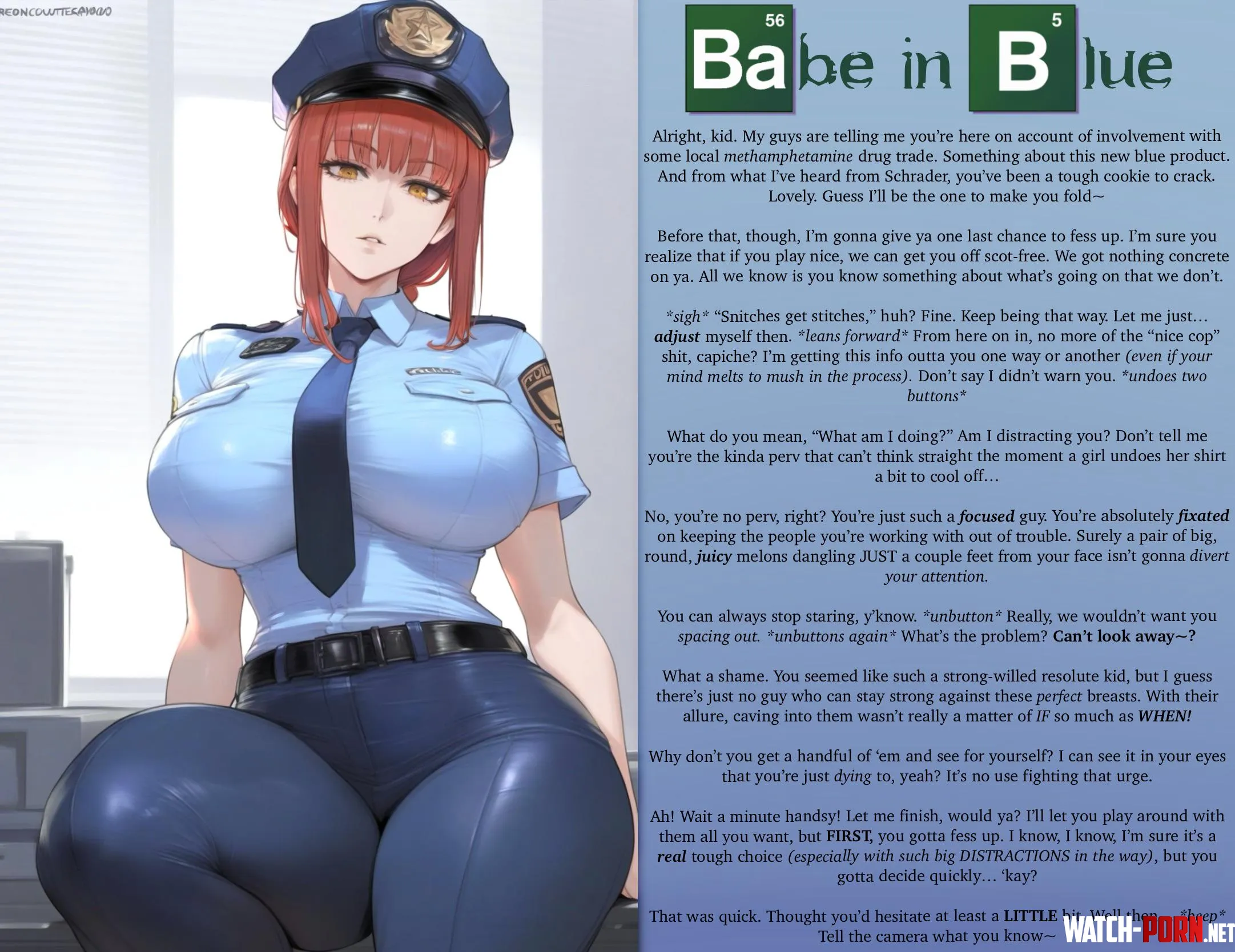 THE CLASSIC CAPTION SERIES Babe in Blue POLL IN COMMENTS F4M Femdom Policewoman DrugsMentioned Titnosis Big Boobs Breast Play Seductive Smug No Sex Art AI Generated by Primary-Original3990