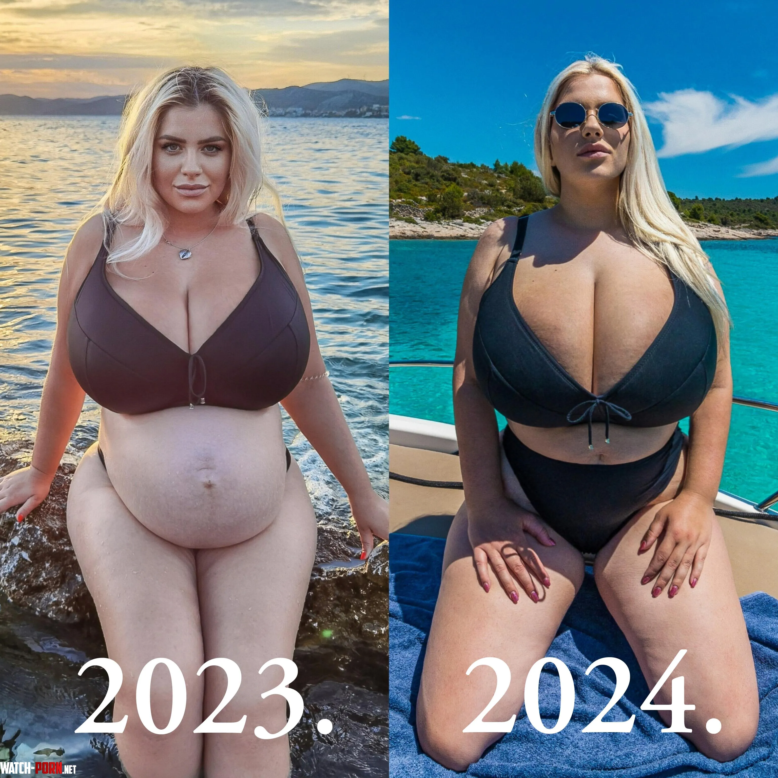 Same bikini one year of difference  I love my body especially my massive tits  If you would like to keep track of my growth check my premium pages   by ninaphoenix_