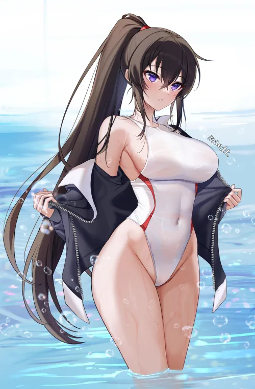 Thumbnail Flaunting Elegance: Mina's White Swimsuit at the Beach by Ecchi_Neko | SwimsuitHentai