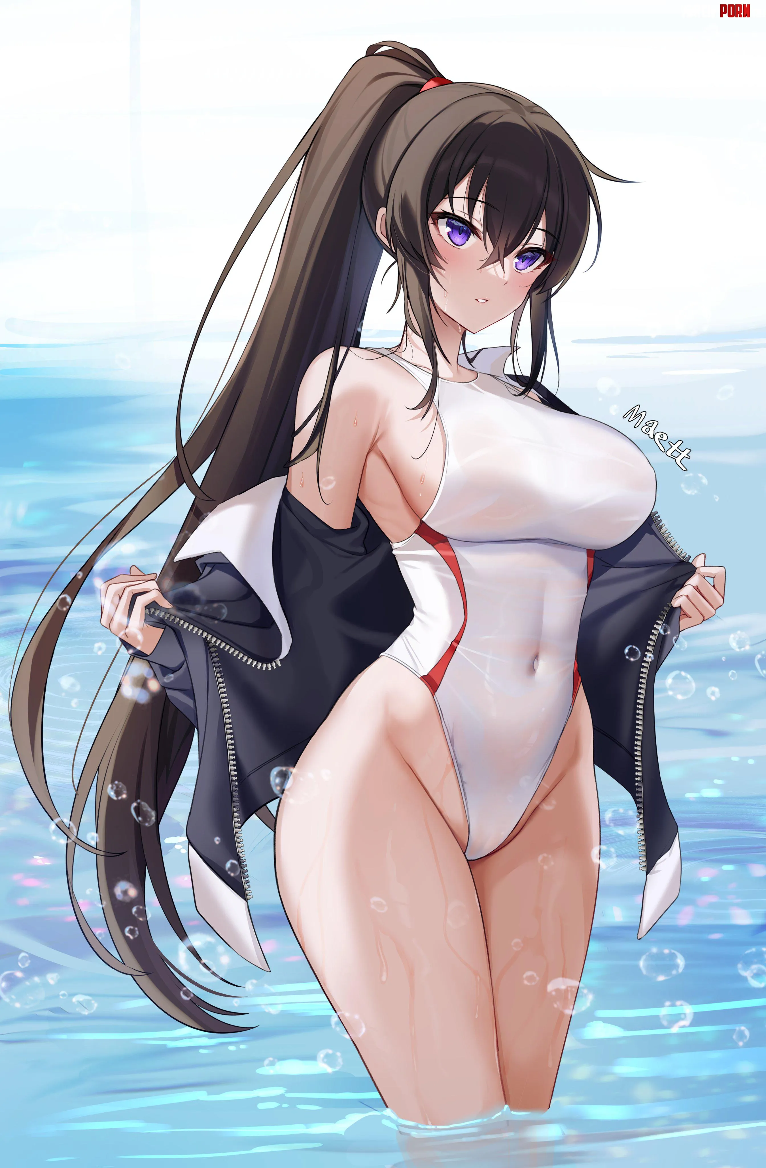 Yoo Mina pull off her jacket to flaunt her white swimsuit at the Beach CounterSide Maett by ecchi_neko