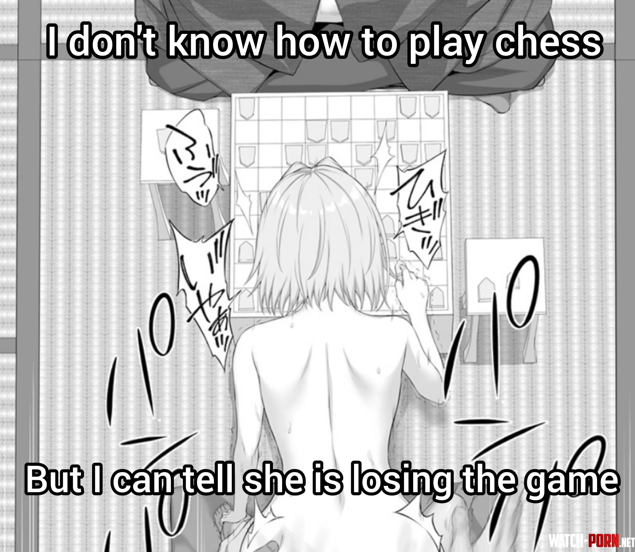 LF Mono Source I dont know how to play chess but I can tell she is losing the game 1girls 2boys clothed male nude female doggystyle foreign text from above light hair meme nude sex from behind sfx shogi short hair sitting by HentaiSource_Archive