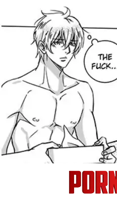 LF Mono Source The fuck 1boy abs ahoge groin hair between eyes holding tissue box muscular male navel nude pectorals short hair sitting thought bubble upper body by HentaiSource_Archive