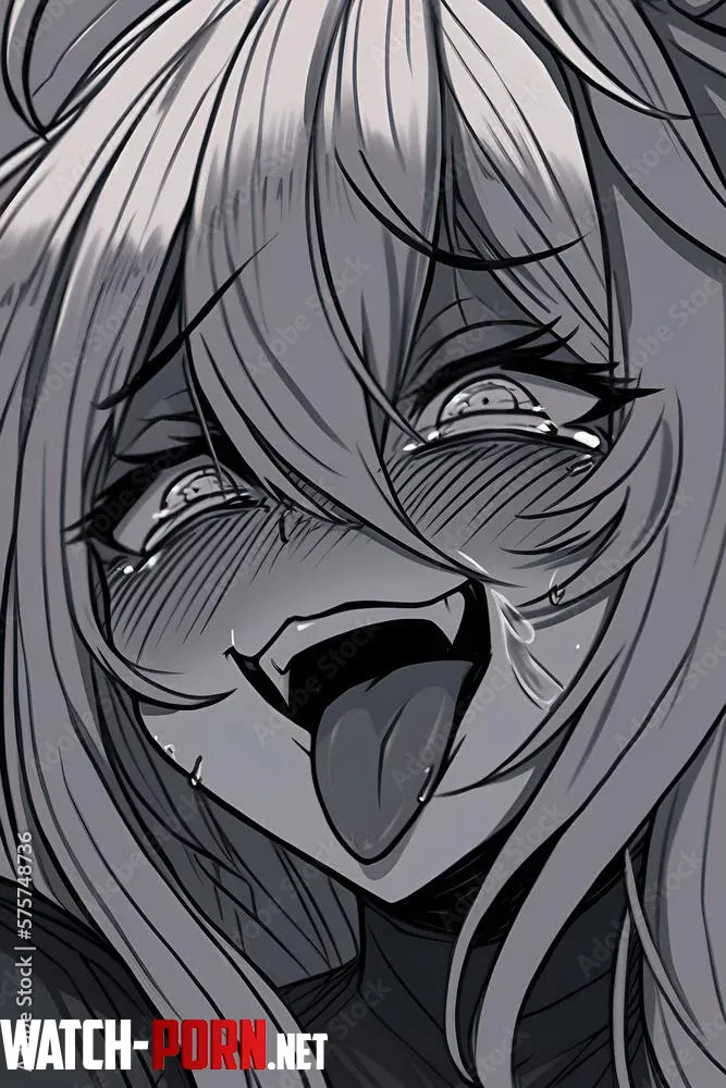 Mono 1girl long hair bangs Adobe Stock  575748736 sweat tears blush closeup collar crazy eyes drooling saliva ahegao greyscale open mouth tongue out  by kei-kazuki