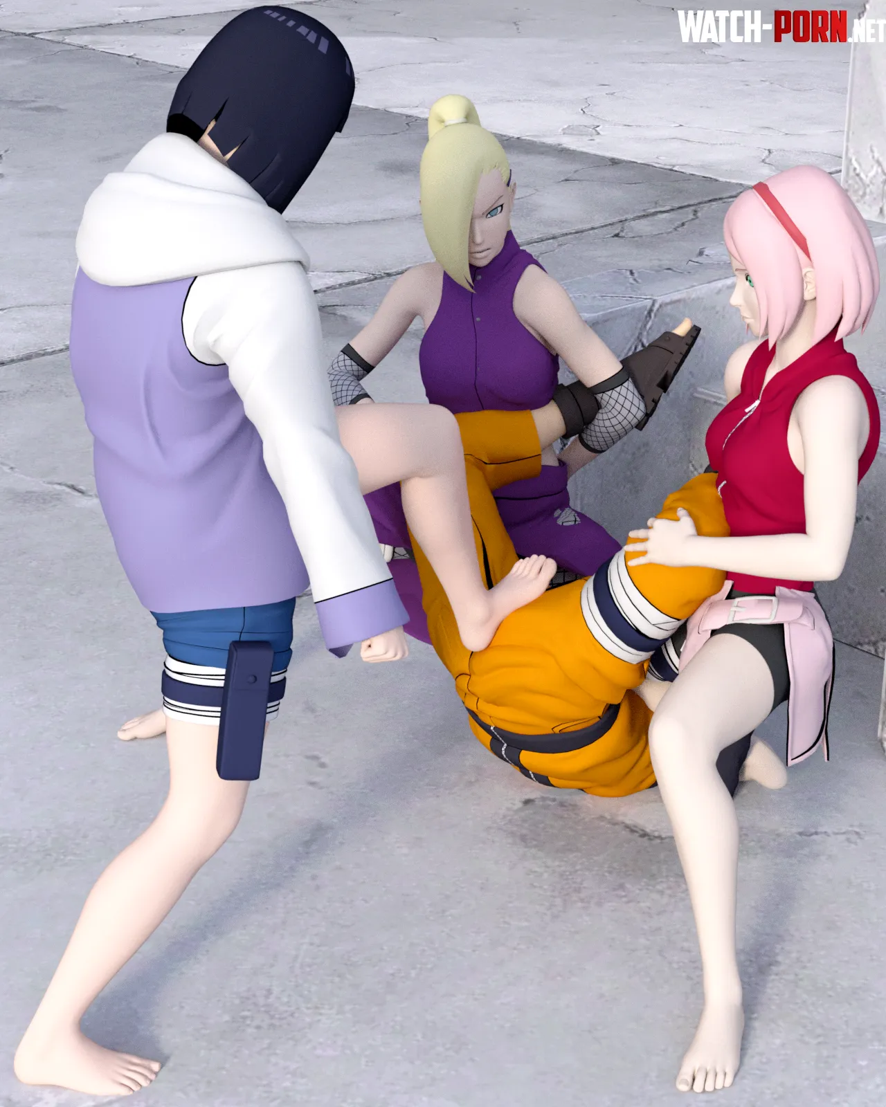 After countless attacks to his balls Naruto is no longer able to get back on his feet Sakura and Ino waste no time and flip him over face down so Hinata can continue her assault with brutal stomps to his defenseless balls Naruto SoleMann by SoleMann_