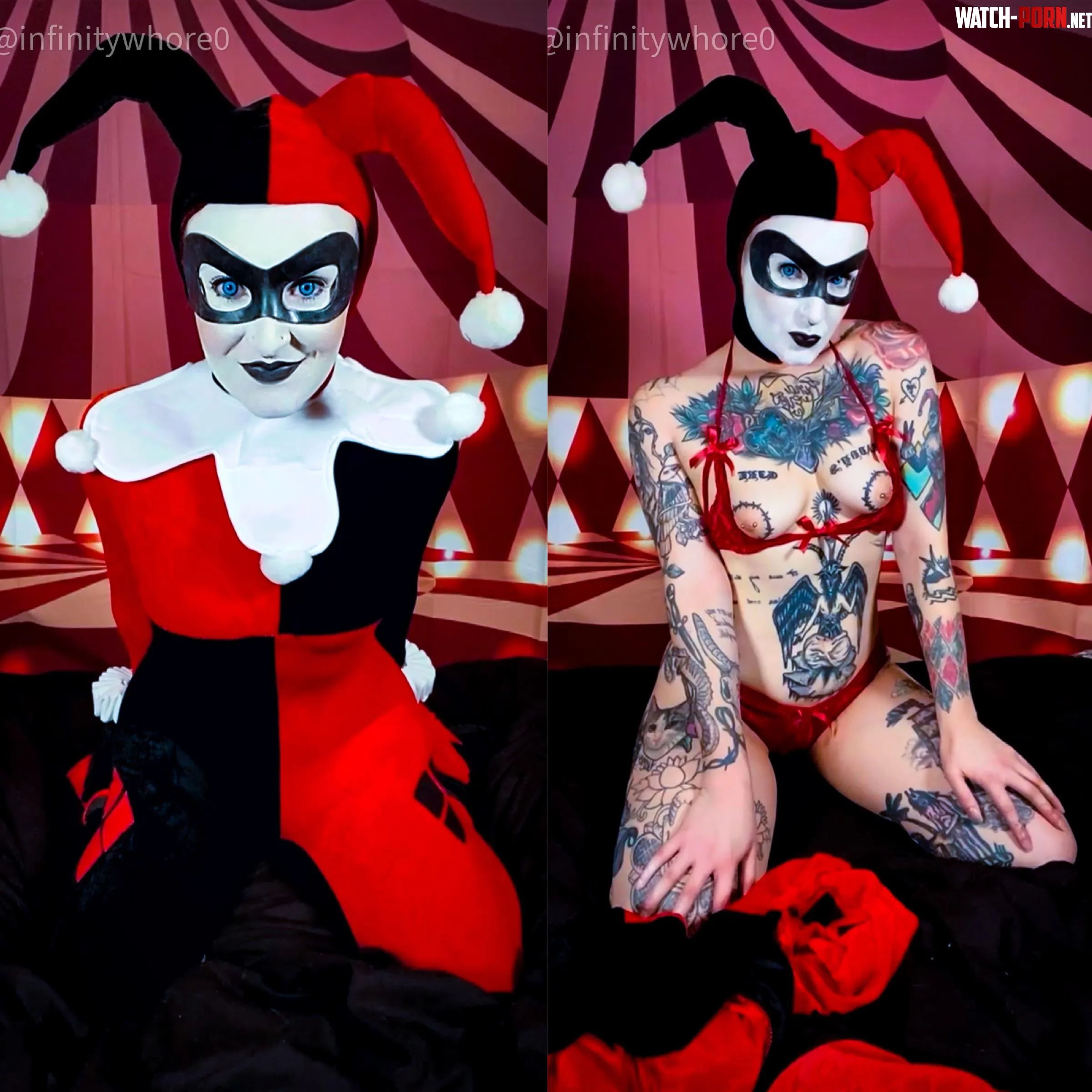 Cosplay on vs off with Harley Quinn  by InfinityWhore0