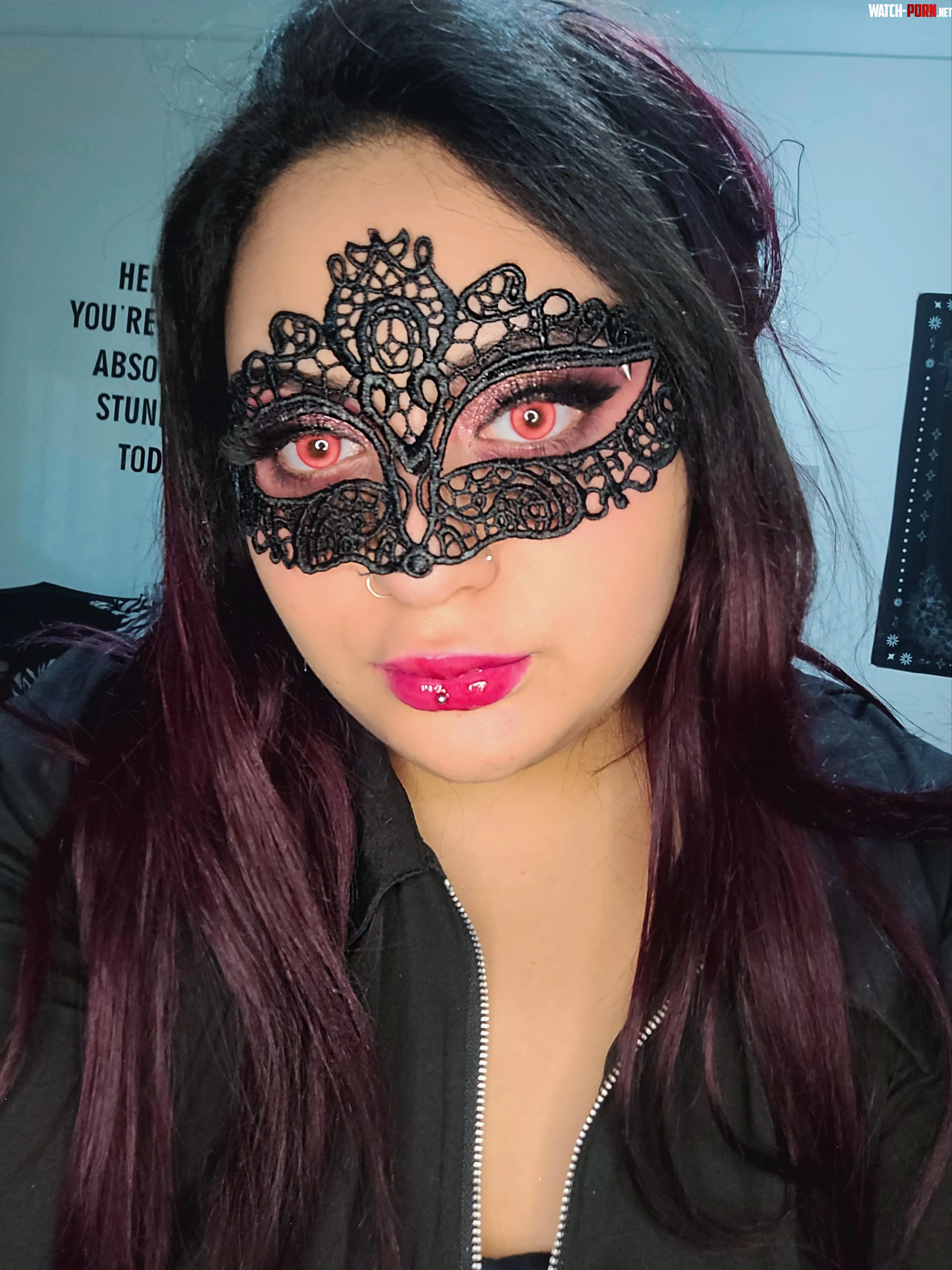 Mysterious Elegance Gothic Lace Mask with Fiery Red Vampire Eyes by Rkillerx221