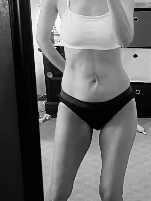 Thumbnail Artistic Sensuality: 'Granny panties and sports bra not sexy but artsy in black and white' by Milehighcatmom