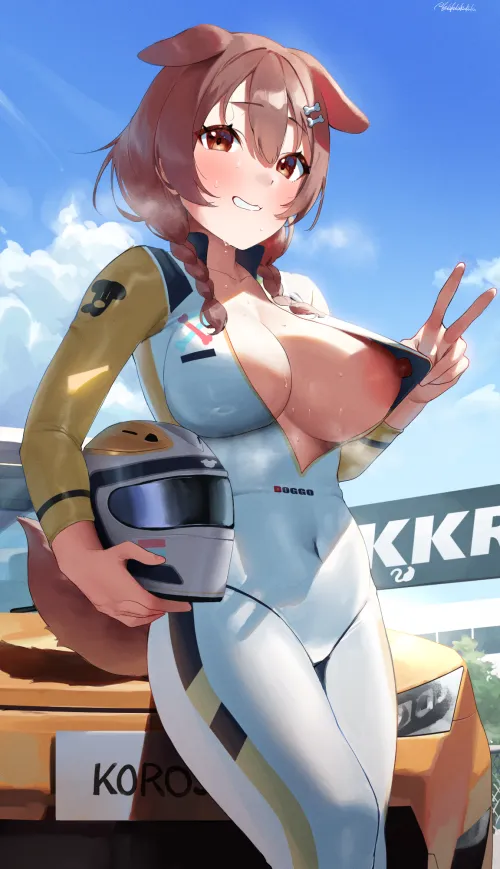 Thumbnail Korone in her racing suit frikulu Hololive by llamanatee