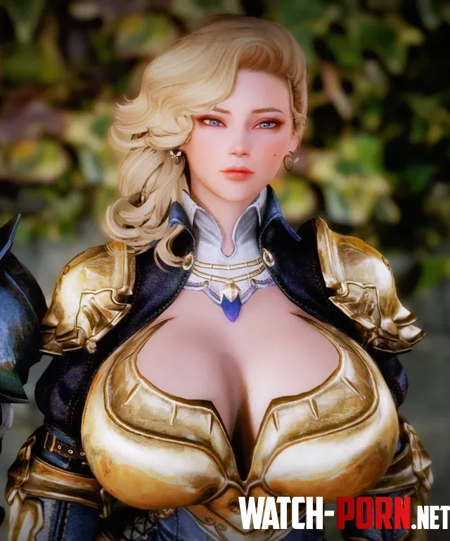 Color 1girl 3d blonde hair long hair armor blue eyes earrings huge breasts side swept hair by kei-kazuki