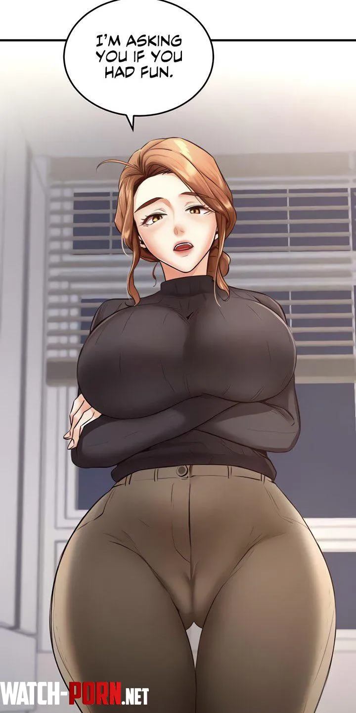 LF Color Source Im asking you if you had fun 1girl manhwawebtoon crossed arms arms under breasts large breasts cameltoe looking at viewer updo brown hair window blinds thigh gap black sweater turtleneck sweater by ZFDIWthrowaway