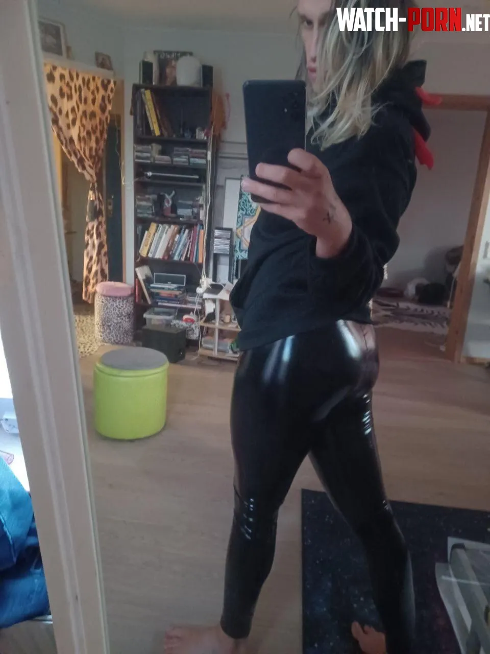 Spank me before you make a hole in the back of my latex pants for a quick entry  by Bunnswe