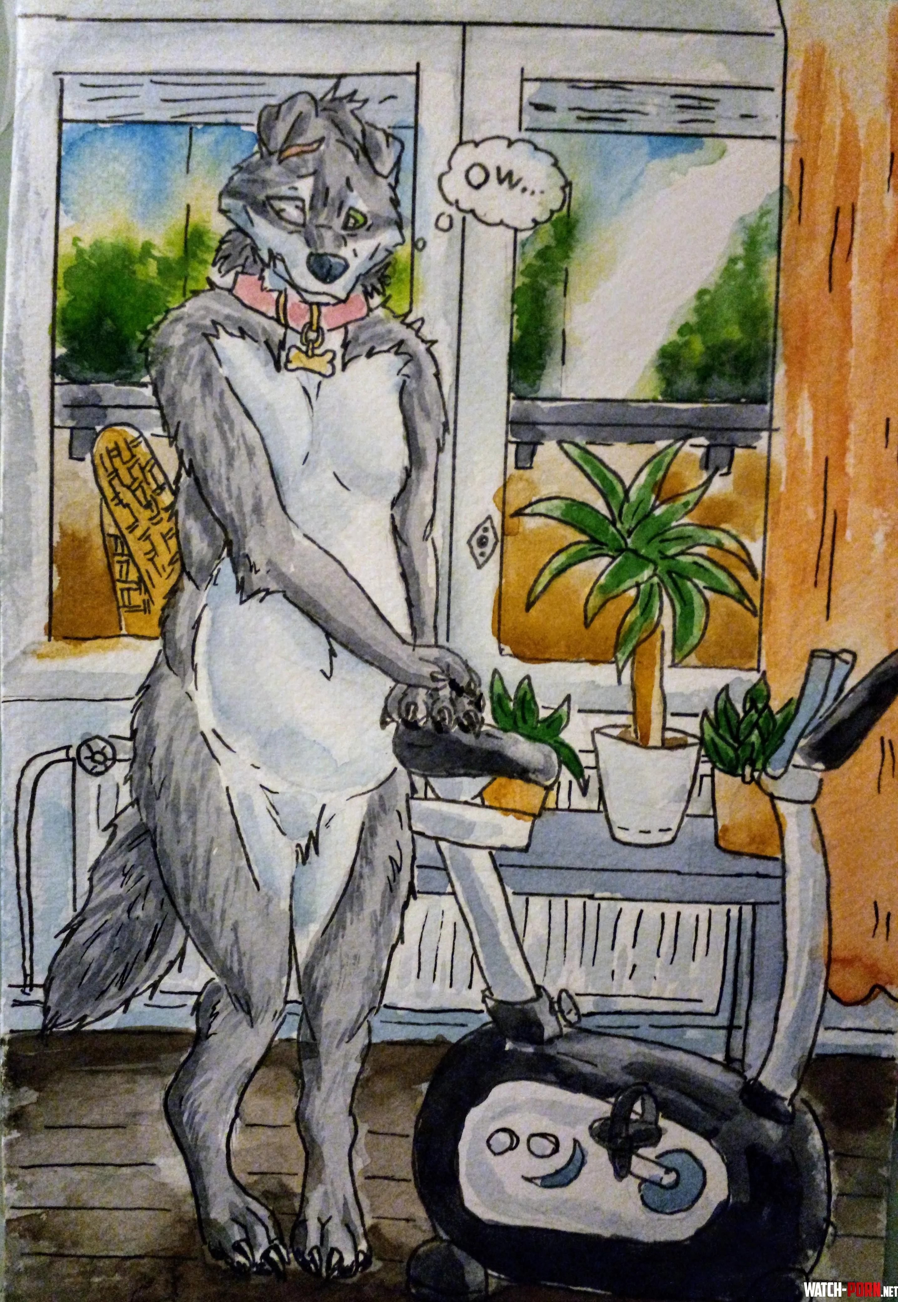 Not so comfortable left paw stretching watercolor painting by me by Eyfun