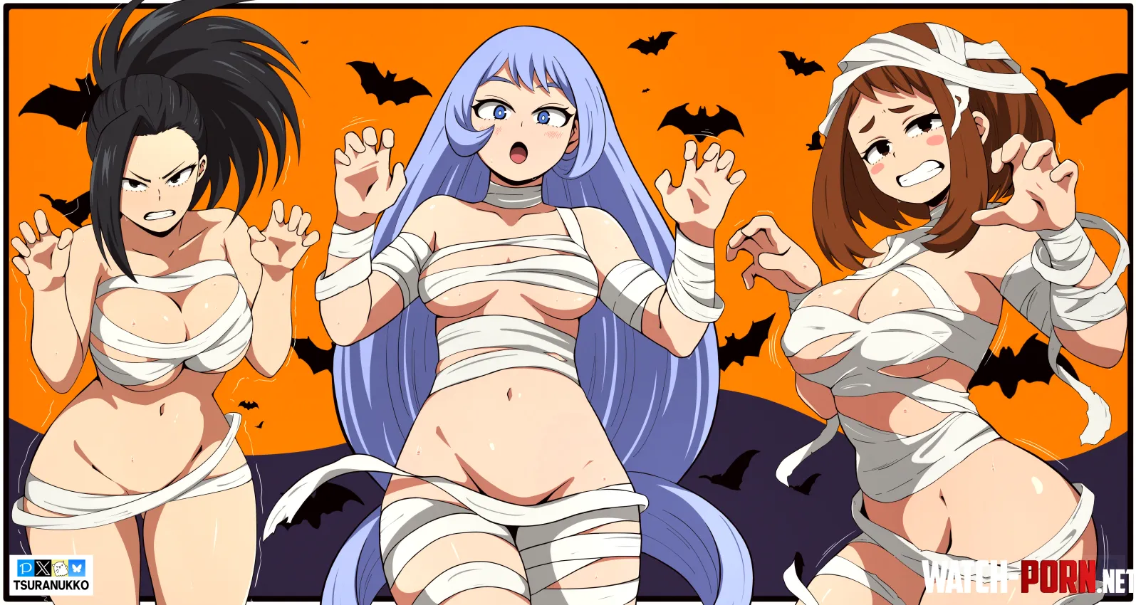 Happy Halloween From Momo Nejire and Uraraka Art by me Tsuranukko  by Tsuranukko