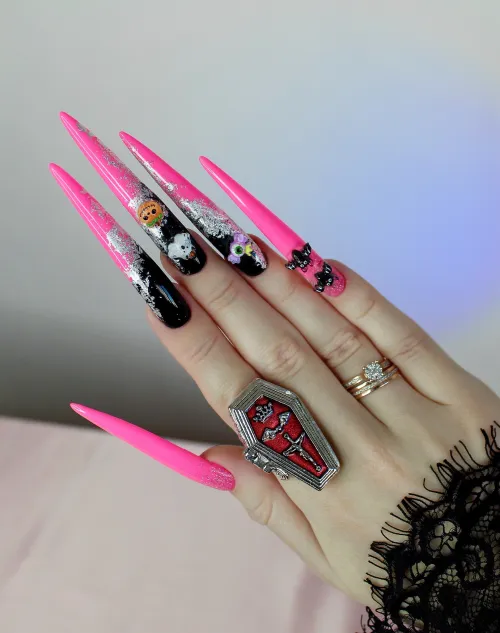 Thumbnail Spooky and Stylish: Black and Pink Halloween Nails by Allison_Jae