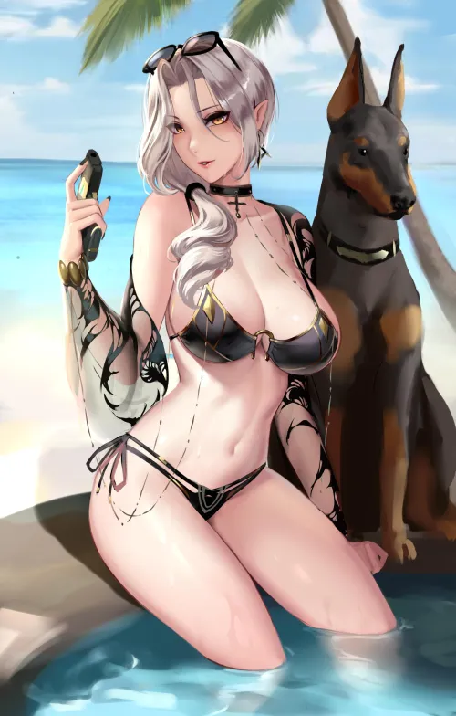 Thumbnail Carmilla Strikes a Pose with Her Dobermann: Beach FGO Cian Yo - ecchi_neko