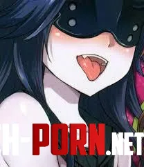 LF Color Source 1girl ahegao bare shoulders black hair black shirt blindfold blush closeup collarbone face fang long hair mask open mouth pale skin pink background portrait tongue out upper teeth only by HentaiSource_Archive