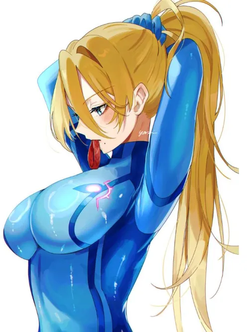 Thumbnail Stunning in Blue: Samus Aran in Yasaikakiage Metroid by bustydaisysecrett in animebodysuits