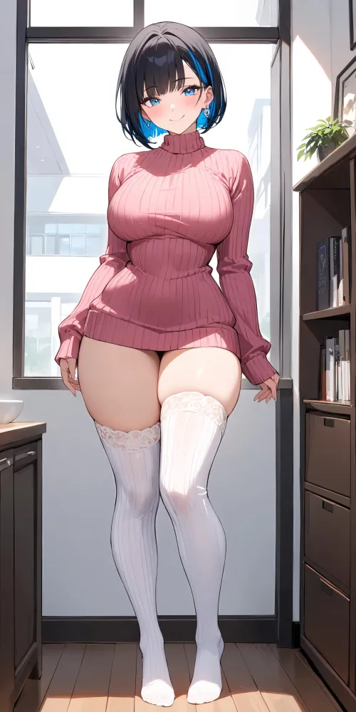 Thumbnail CheetahSperm18: Stylish Comfort in Ribbed Sweater & ThighHighs