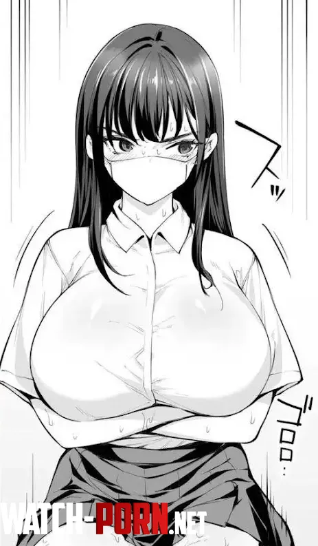 LF Mono Source 1girl arms under breasts averting eyes black hair blush choppy bangs collared shirt crossed arms huge breasts large breasts long hair looking to the side mouth mask school uniform sfx sidelocks sitting skirt sweat white shirt by HentaiSource_Archive