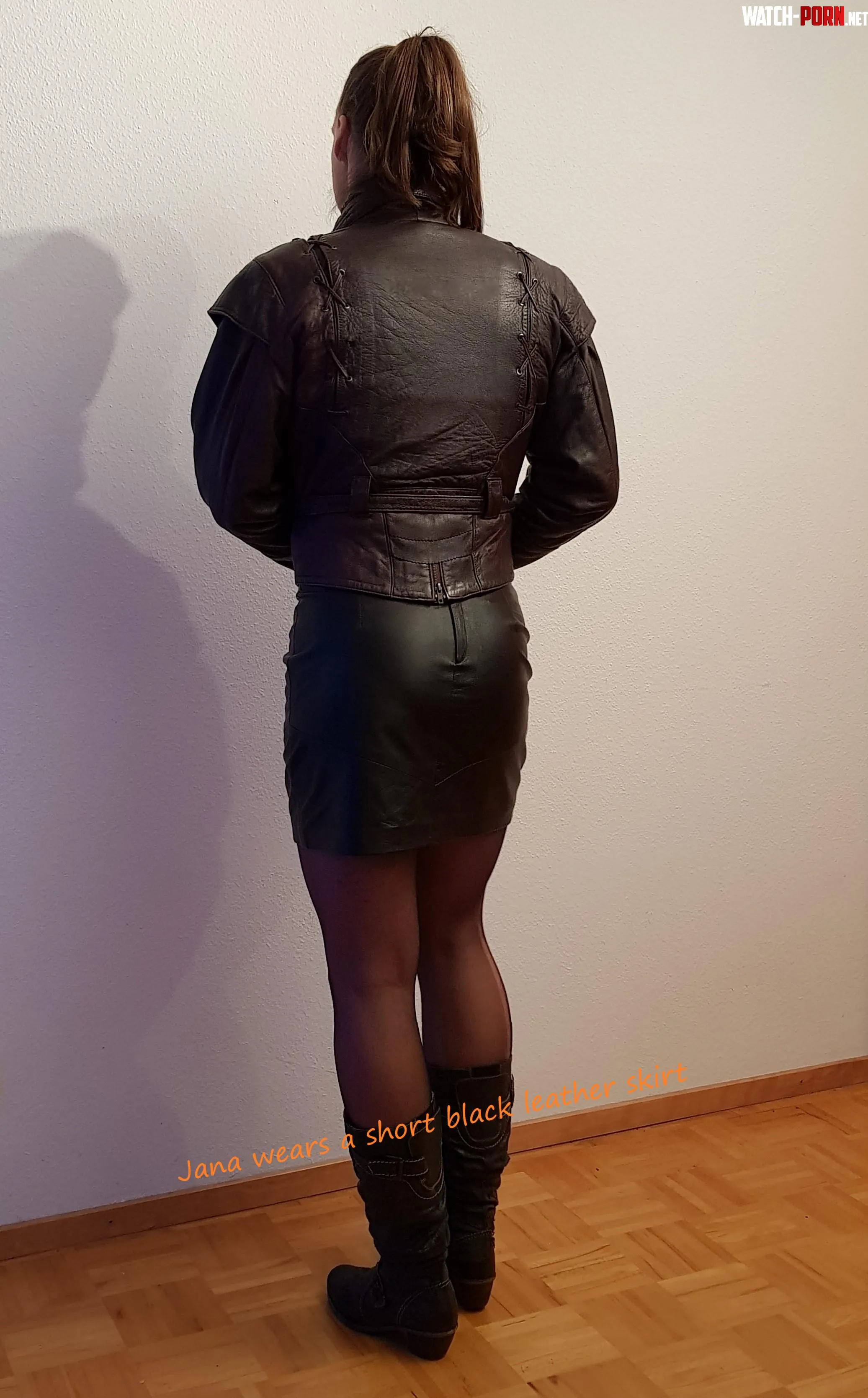 Sweet Jana wears a short black leather mini skirt by sweetjanasweet