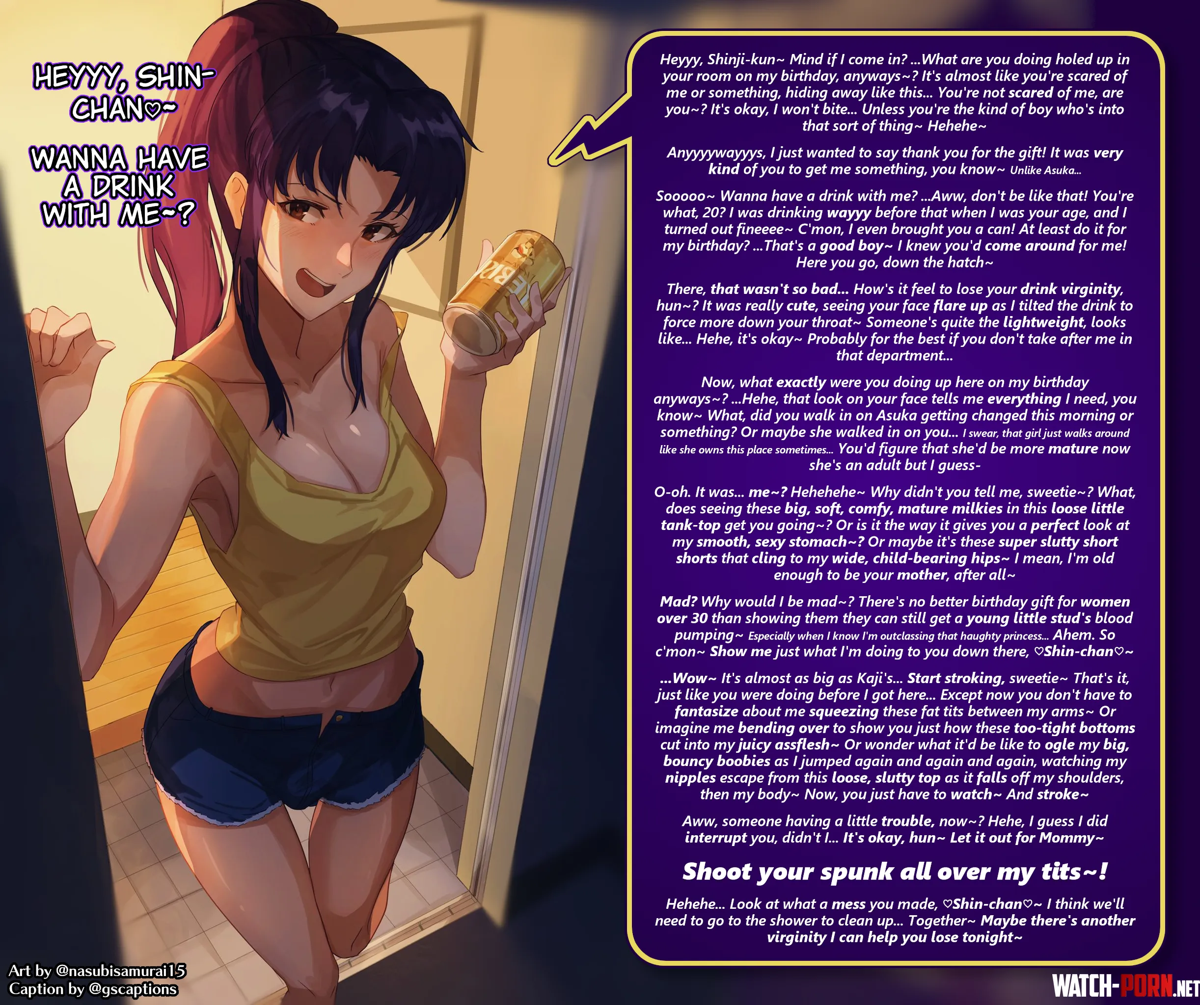 Happy Birthday Miss Misato Misato Katsuragi Neon Genesis Evangelion Light Femdom Light Dubcon Older womanyounger man Drinking MasturbationJOI Art by nasubisamurai15 by GoldenScythes