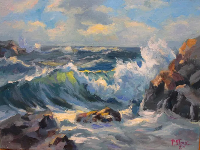 Thumbnail Unruly Water: Oil Painting on Canvas Capturing Beach Vibes