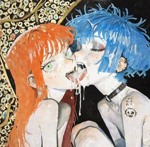 Thumbnail Explore the Colorful World of 2 Girls Kissing in Blue, Orange, and Green by kingofhunt11