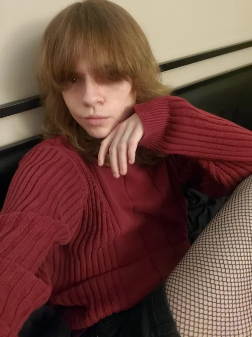 Thumbnail TheVoxBox04 Stuns in a Red Sweater and Black Fishnets - femboy