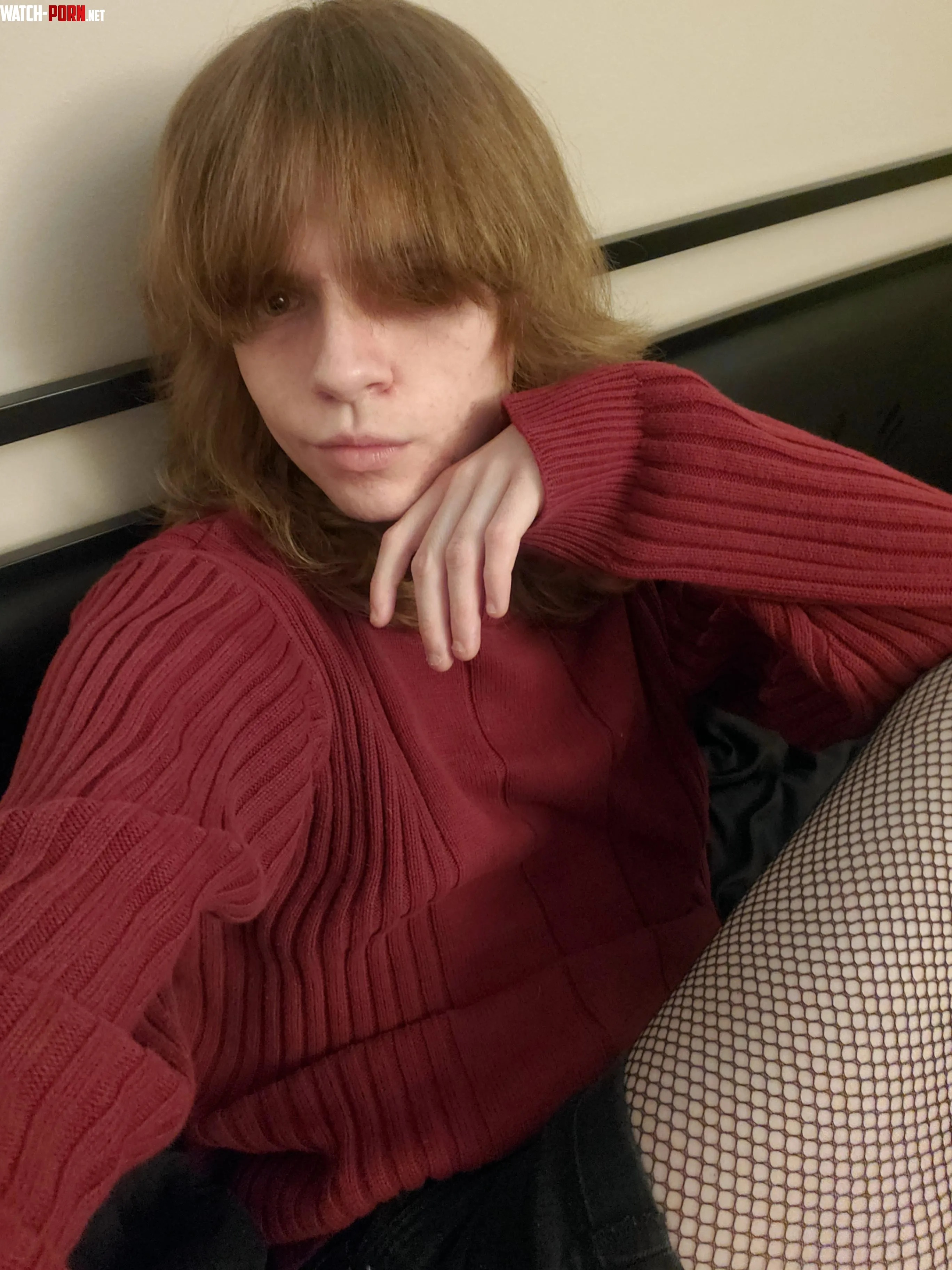 Red sweater and black fishnets  by TheVoxBox04