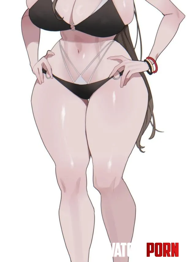 LF color source Black bikini brown hair large breasts brown hair hands on hips thick thighs bracelets long hair whit background by 3ndergamer