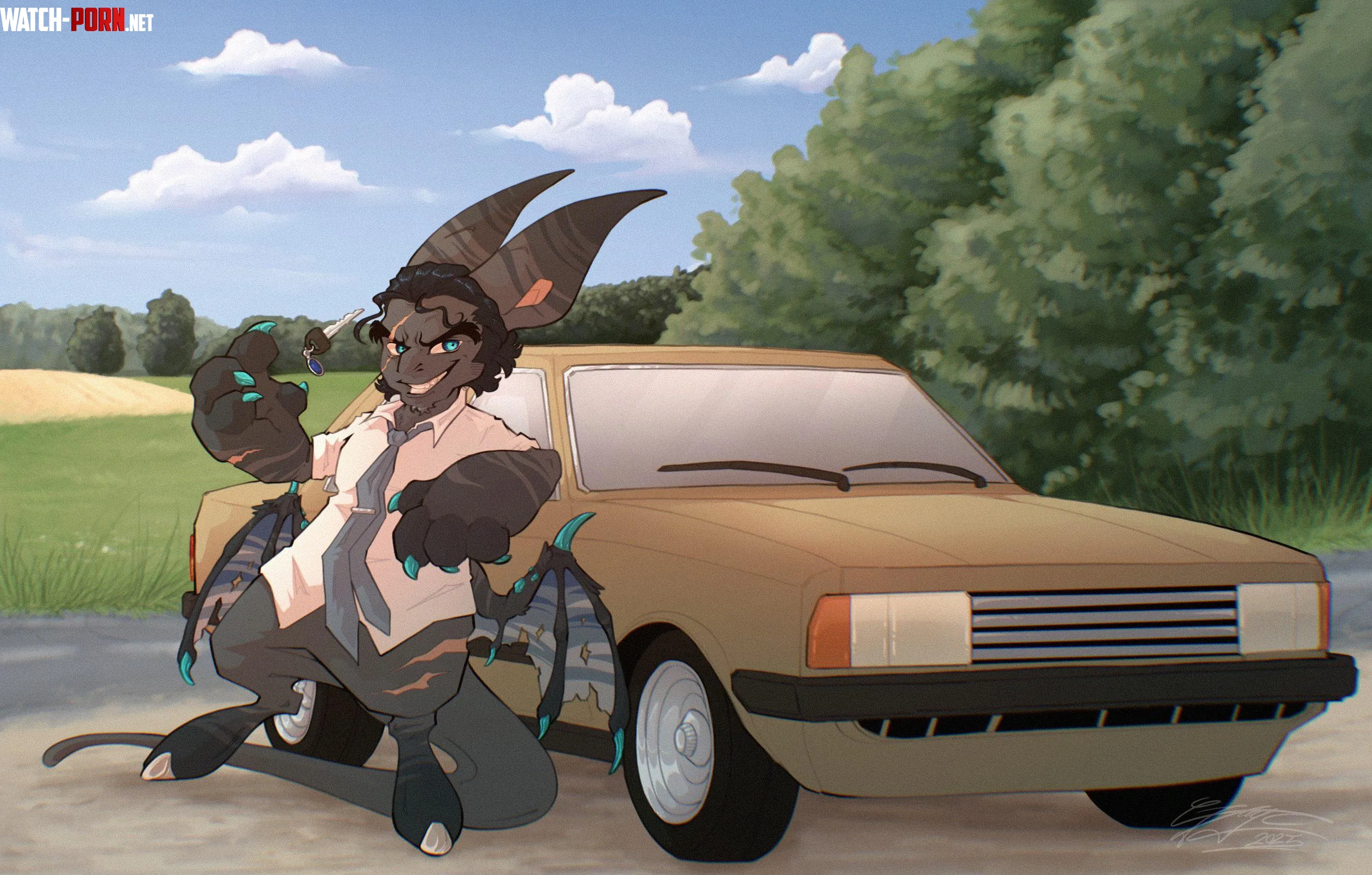 Drew my Bagbean Bell with his Ford Taunus Im also super proud of the bg by Local-blue-thing