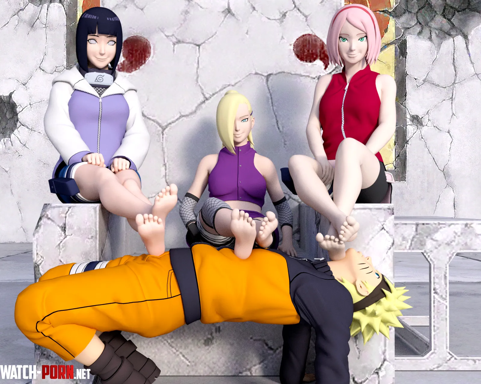 Hinata Sakura and Ino make Naruto get into the crab walk pose so they can use his prone body as a foot rest Naruto must now hold their feet up in this awkward position while the girls just sit back and relax above him Naruto SoleMann by SoleMann_