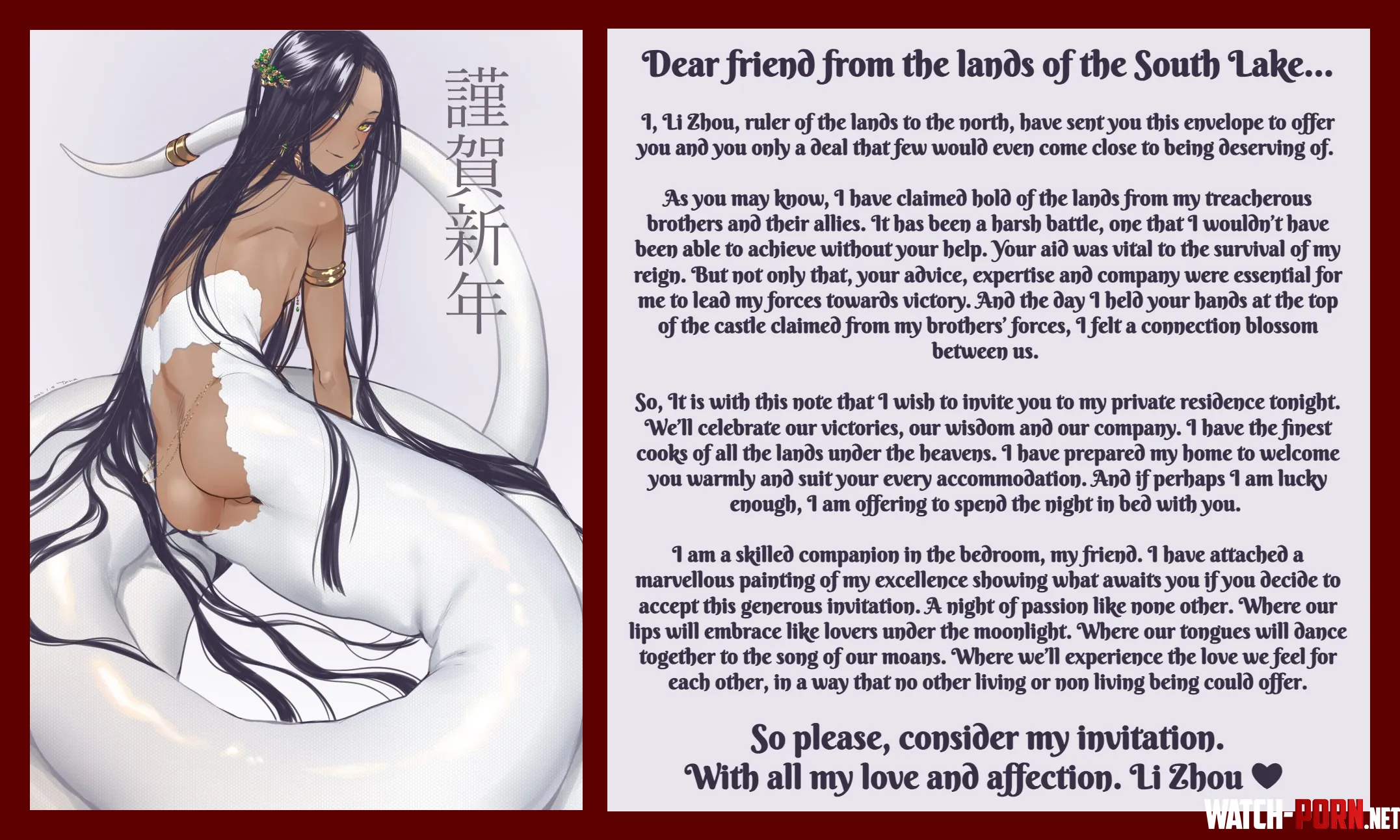 After helping the rightful ruler of the north Li Zhou defeat his usurpers in a long war you got this letter from him in your personal chambers Femboy Monster Neutral POV Imminent sex Wholesome Artist tawapo by JPowo123