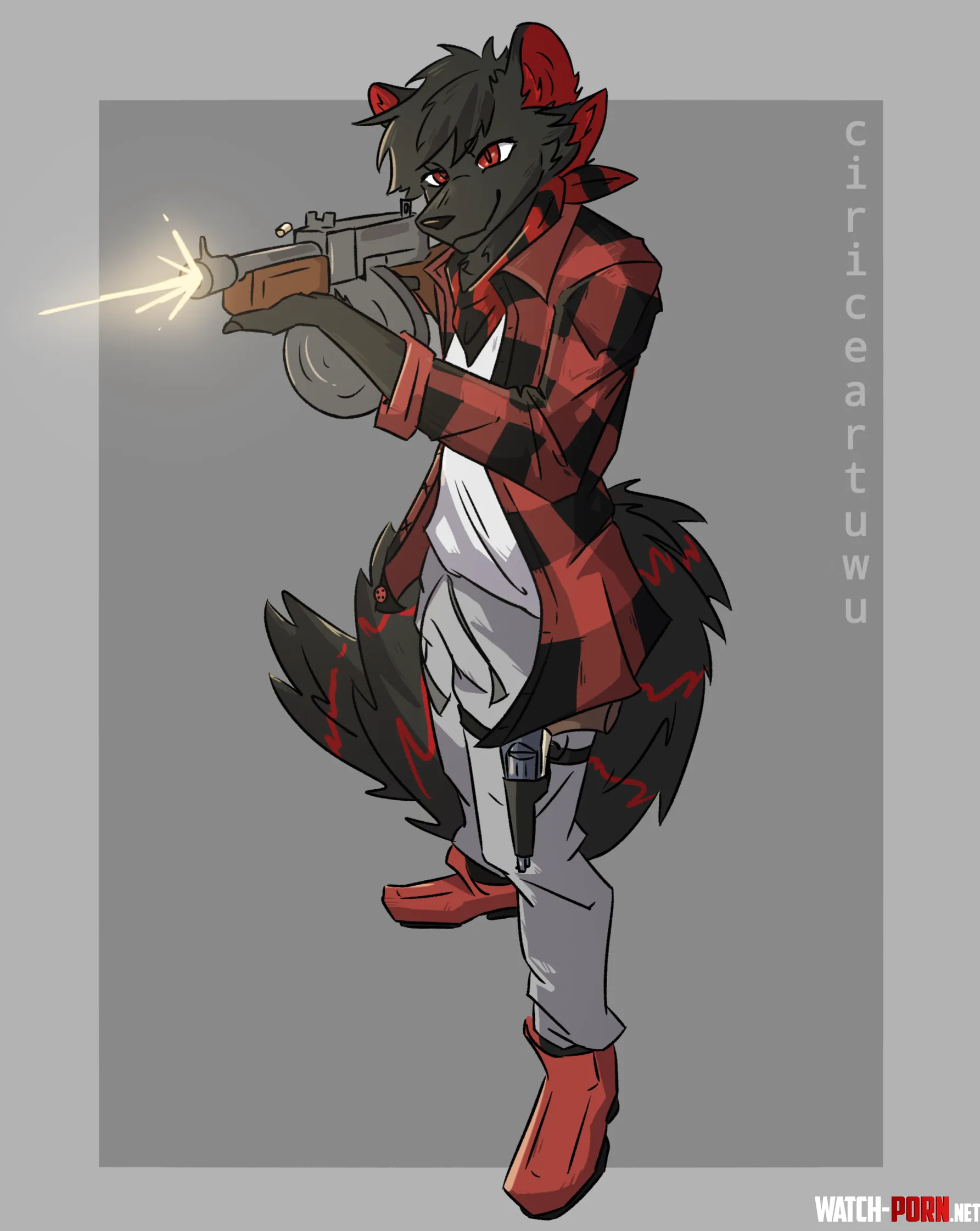 fullbody comm of a gunslinging ratwolf art by me ciriceartuwu on bluesky by Lellelarsson2008