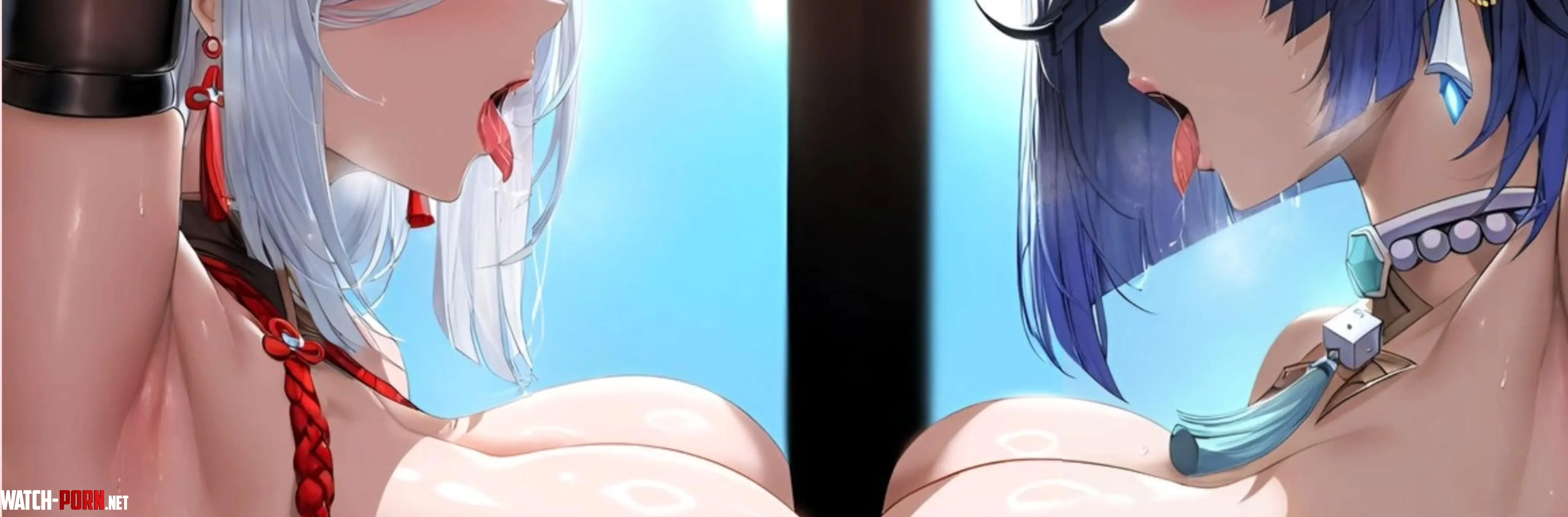 LF color source 2girls white hair blue hair genshin impact yuri armpit tounge out hentai boobs pressed together tongues out hot breath shiny skin by JulioSartinez