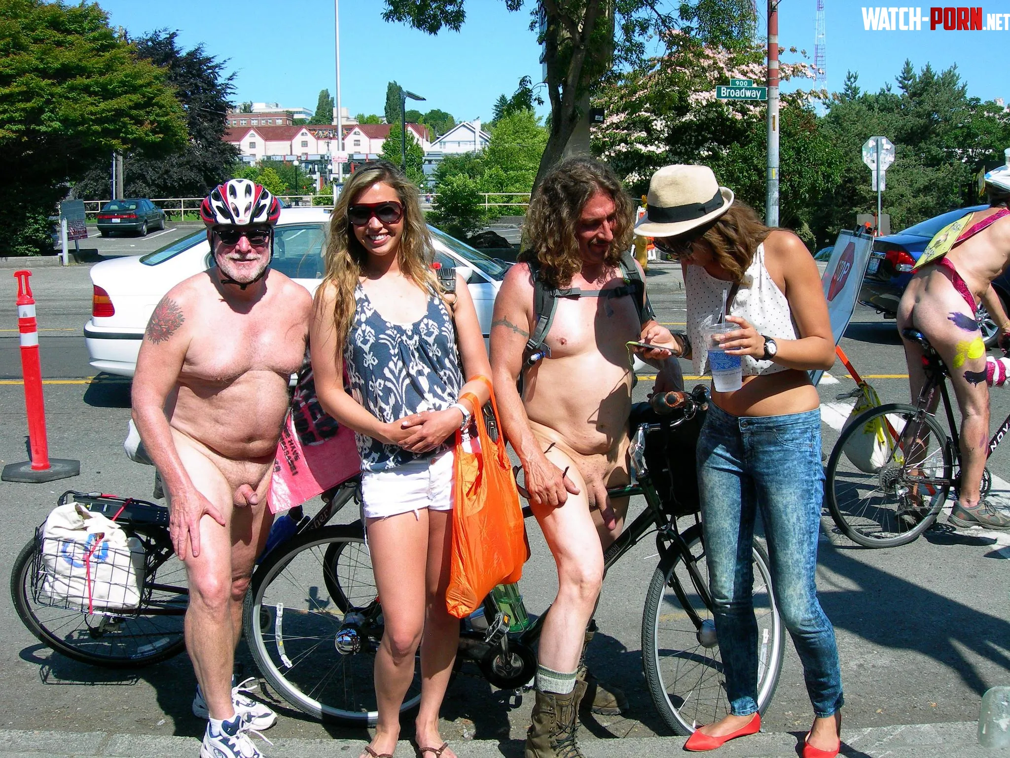 These girls lay in wait for the naked bike ride to stop and grabbed their photoop by Phlegmaticon