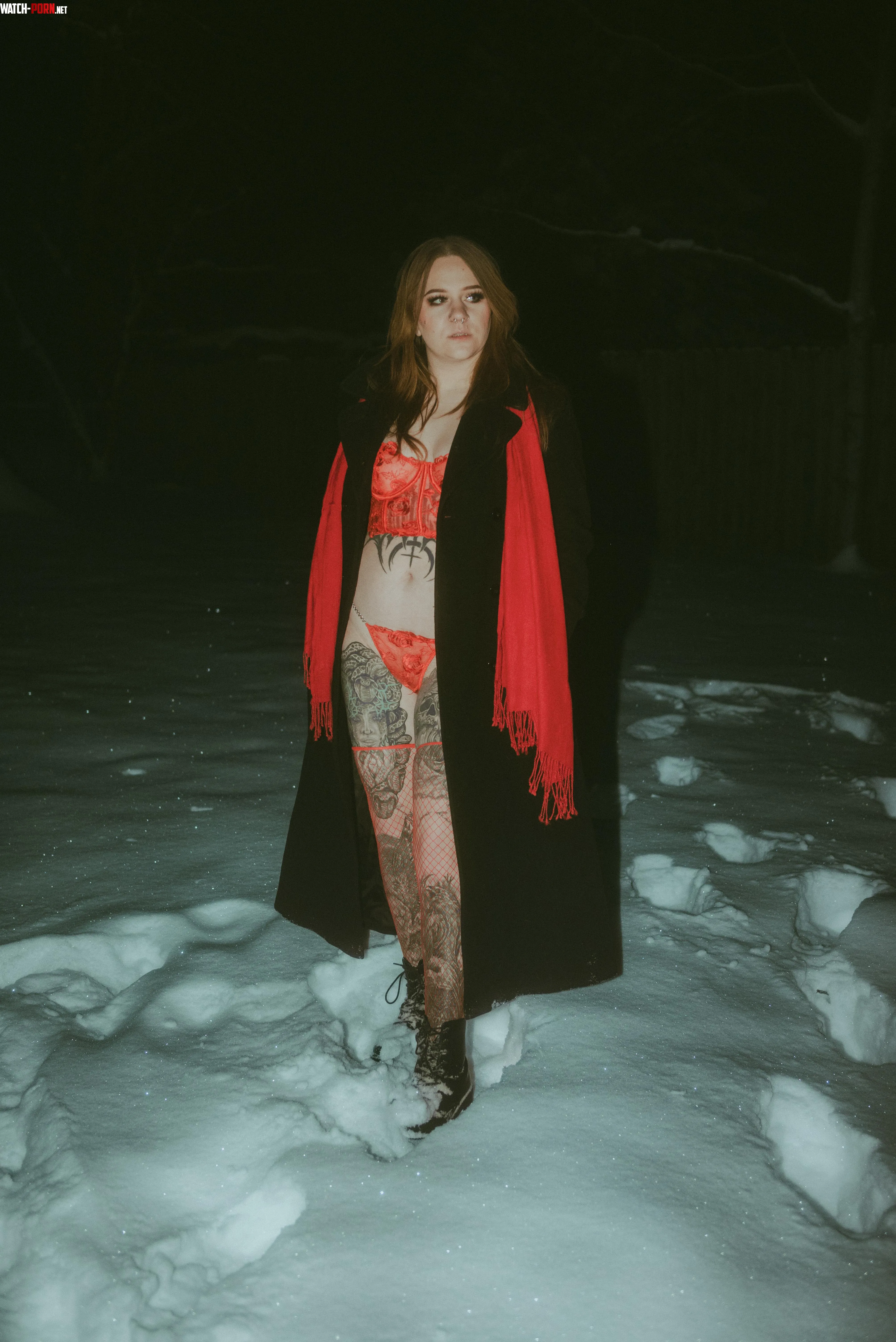 Busted out the red lingerie for a snow shoot by the-evergreenes