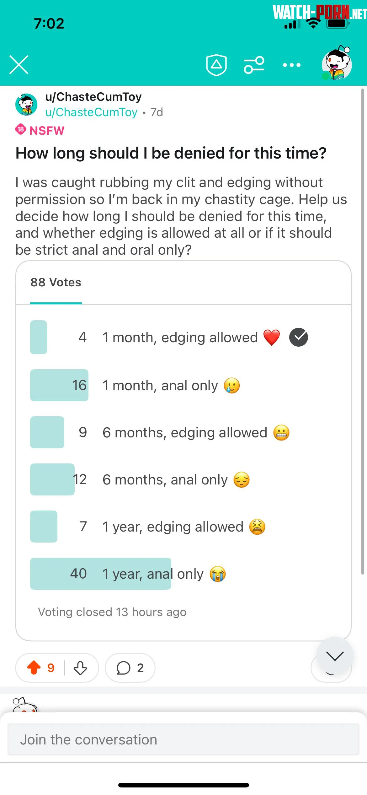 I made a poll to let Reddit decide the appropriate punishment for being caught edging without permission by ChasteCumToy