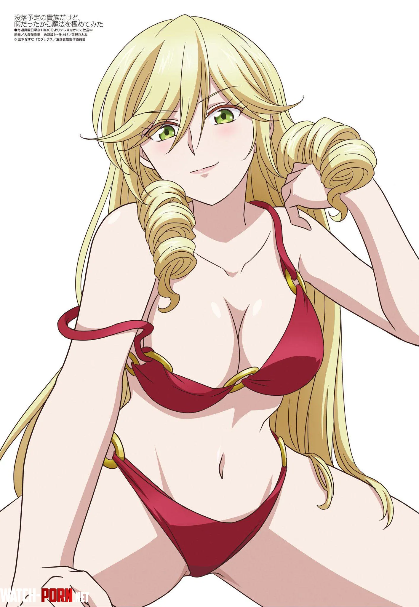 Sexy looking blonde lady wearing a red bikini Im a Noble on the Brink of Ruin So I Might as Well Try Mastering Magicmegami magazine by addtional_talk1956